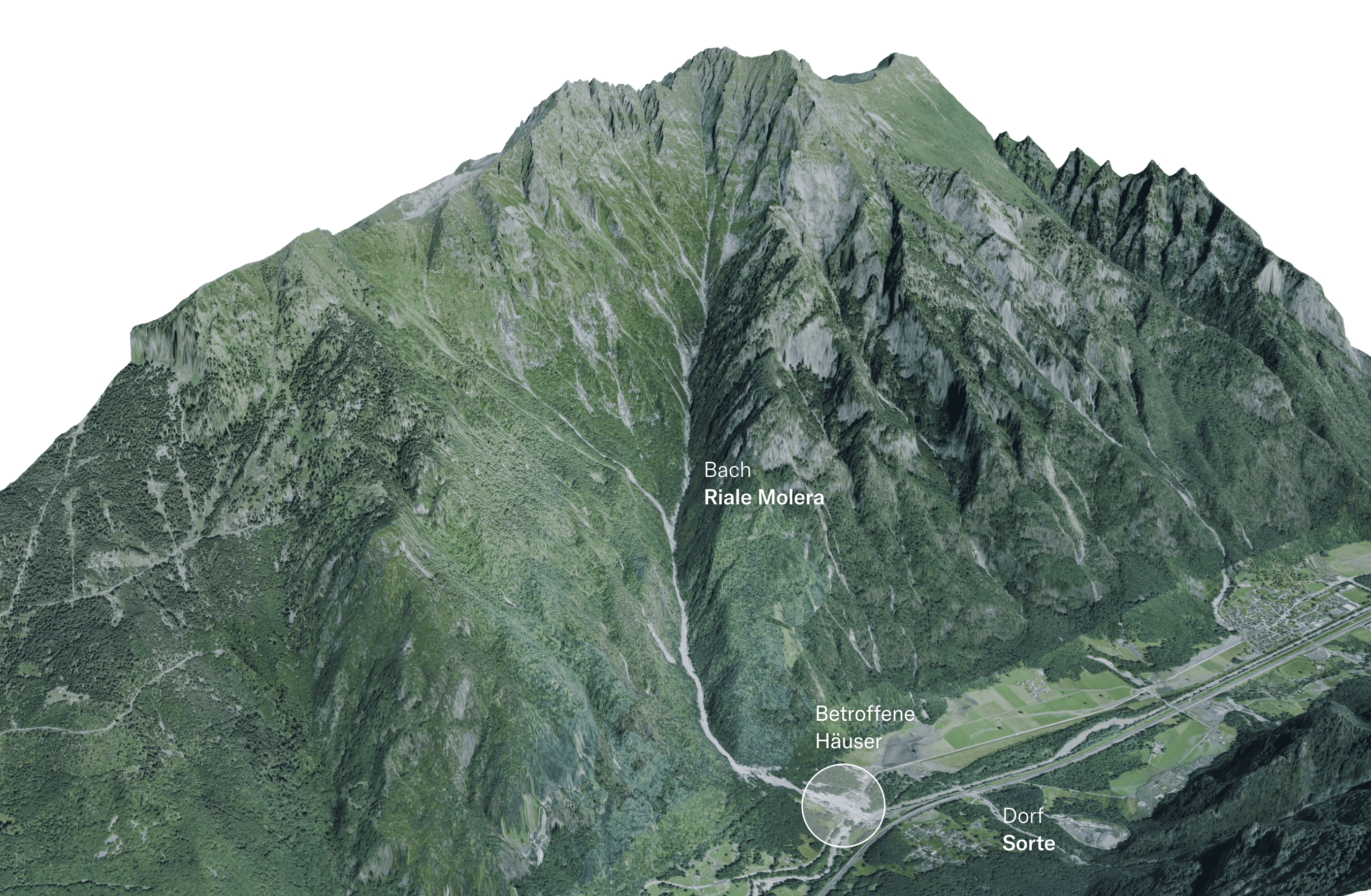 3D Modell des Misox mit dem Bach Riale Molera durch den der Erdrutsch ging