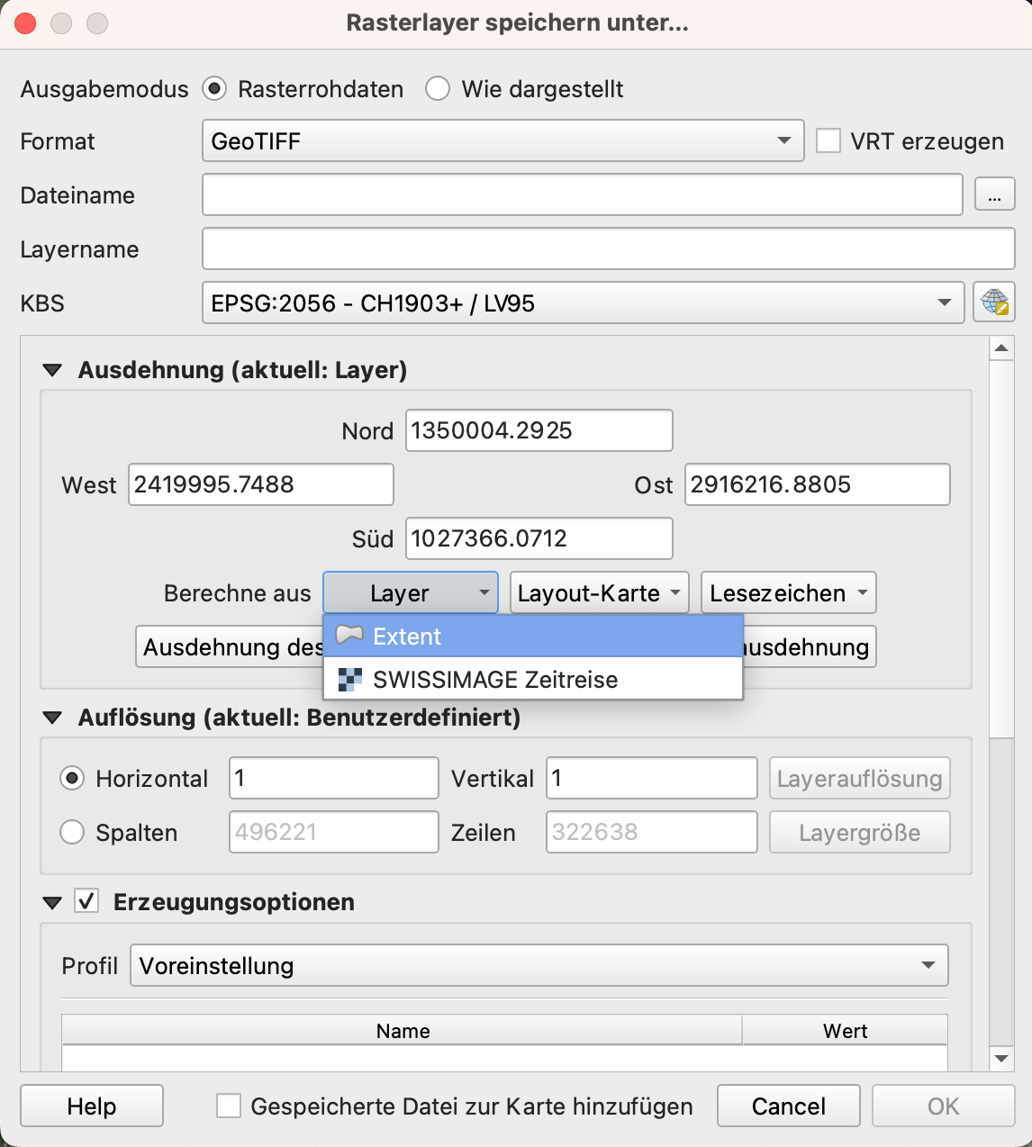 Export-Fenster von QGIS