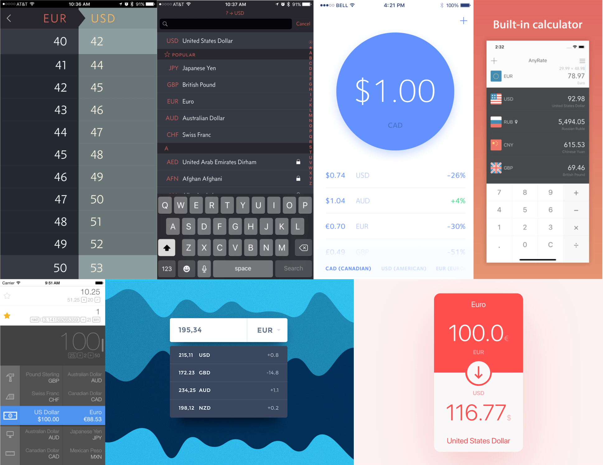 Different currency converter app designs
